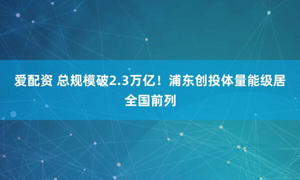 爱配资 总规模破2.3万亿！浦东创投体量能级居全国前列